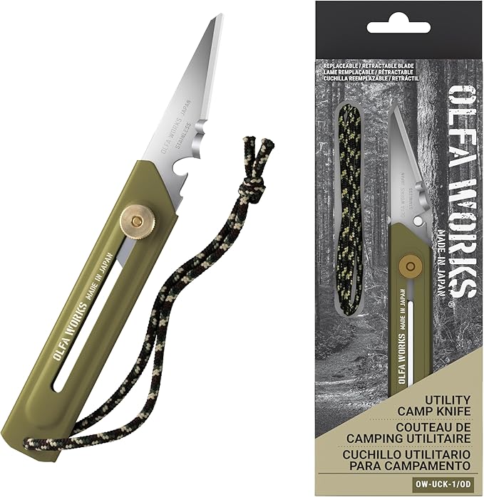 OLFA WORKS OW-UCK-1/SB Camp Knife High Carbon Stainless Steel Blade - Multipurpose Outdoor Knife Great for Camping Activities - Brass Wheel Lock Replacement Blade: OWB-UCB-1 (Olive)