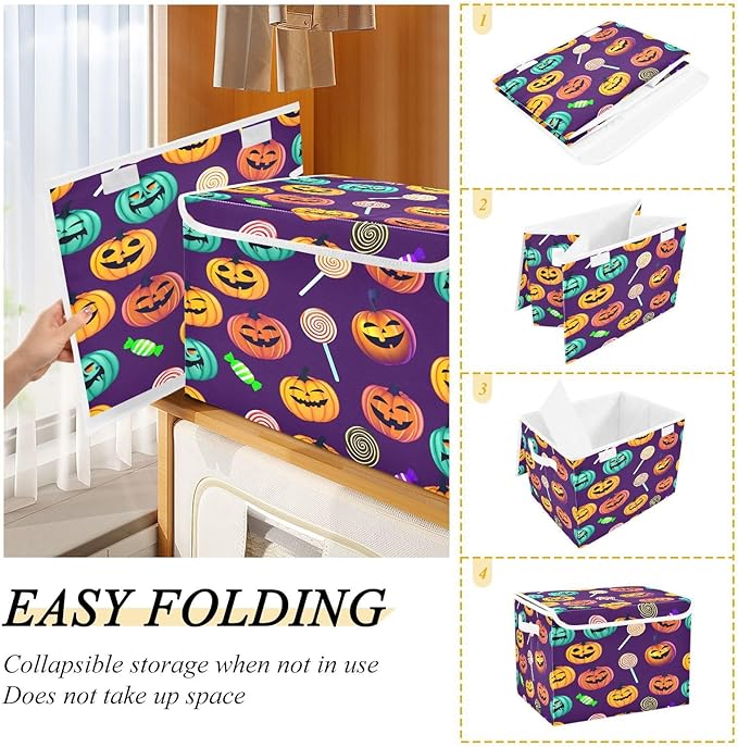 Halloween Storage Baskets with Lids Colorful Halloween Pumpkin Collapsible Bins Stackable Fabric Linen Baskets Closet Organizer Container 16.5x12.6x11.8