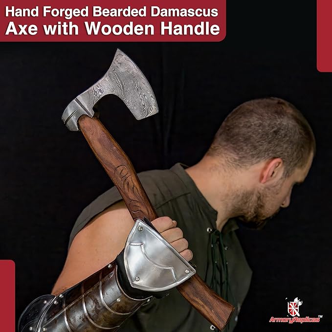 Armory Replicas™ Hand-Forged Damascus Steel Bearded Axe - 520 Layer True Damascus Blade 58-60 HRC | Sheesham Wood Handle with Floral Carvings
