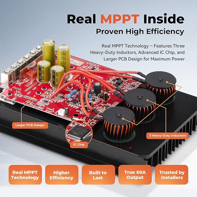 60A MPPT Solar Charge Controller 12V/24V/36V/48V Auto Large LCD Display Compatible with AGM Gel Flooded &amp Lithium Batteries Plug-and-Play Maximum 150V Input