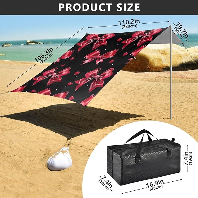 ALAZA Red Bow Heart Pattern Beach Tent Sun Shelter Portable Canopy Sunshade for Outdoor Camping Picnics Backyard Fun 10x9 ft