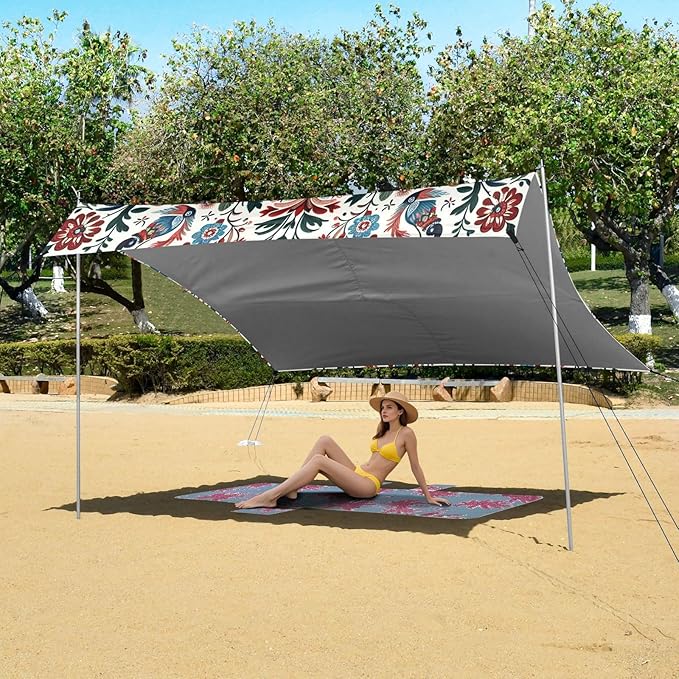 Ethnic Floral Texture Beach Tent Sun Shelter Set UPF50+ UV Protection 10.5 x 9.19 FT Camping Shade Canopy with Sandbags Sand Anchors Carrying Bag and Others