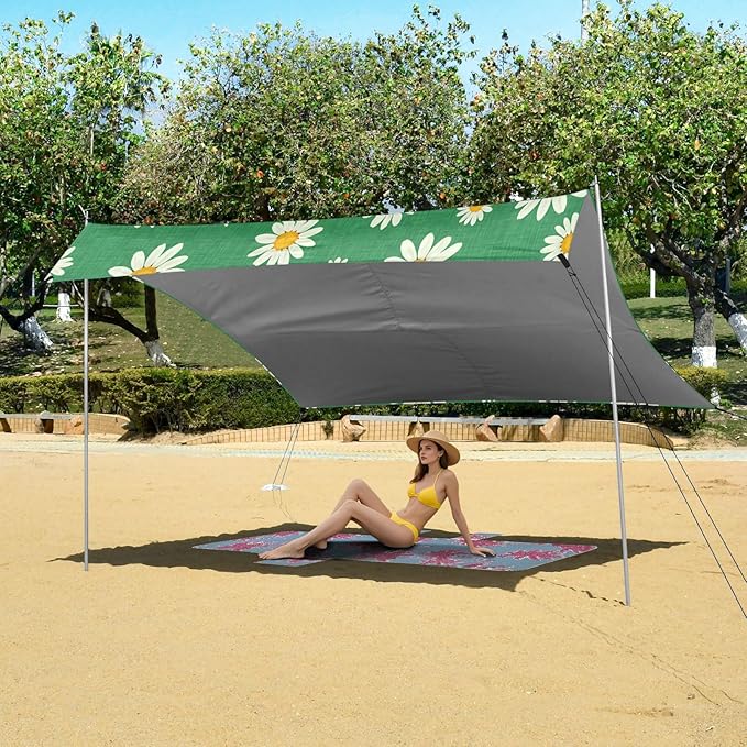 xigua Daisy Beach Tent Sun Shelter with Carrying Bag - Silver Coated Oxford Fabric Beach Canopy for Beach Camping Fishing - Includes Windproof Ropes Sandbags &amp Stakes