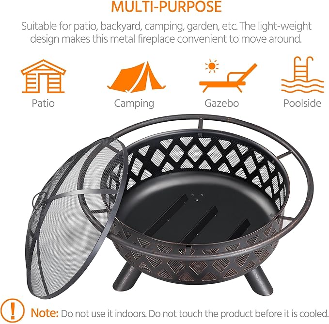 Yaheetech Fire Pit 36in Outdoor Wood Burning Fire Pits Wood Large Fire Bowl for Outside BBQ Bonfire Patio with Mesh Spark Screen Poker and Rain Cover