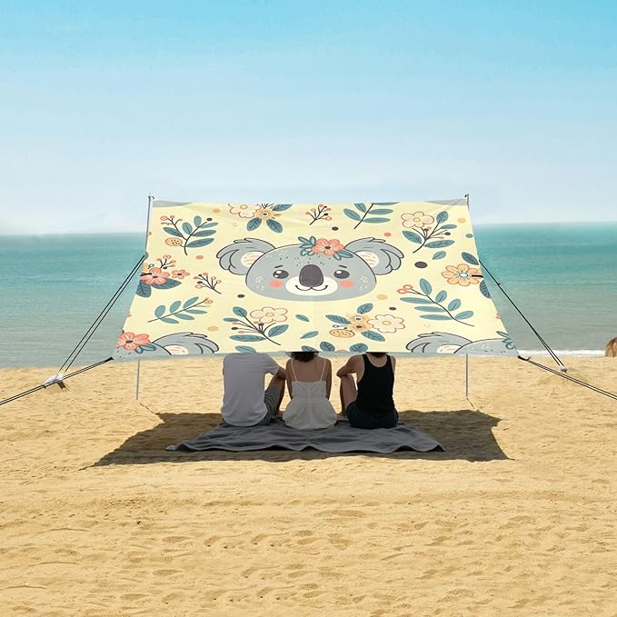 Cartoon Koala and Wildflowers Beach Tent Sun Shelter Set UPF50+ UV Protection 10.5 x 9.19 FT Camping Shade Canopy with Sandbags Sand Anchors Carrying Bag and Others