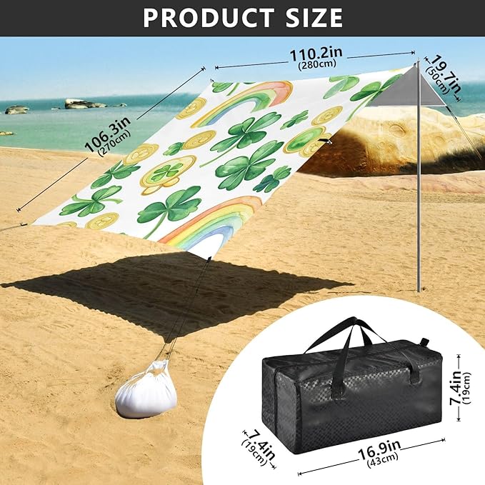 ALAZA St Patrick Day Clover Rainbow Coins Beach Tent Sun Shelter Portable Canopy Sunshade for Outdoor Camping Picnics Backyard Fun 10x9 ft