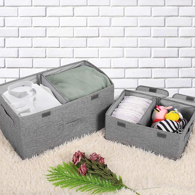 2 Pack Large Linen Fabric Collapsible Storage Bins with Lid and Handles Washable Storage Box Baskets Cube with Removable Divider for BedroomClosetOfficeLiving RoomNursery (Black Small)