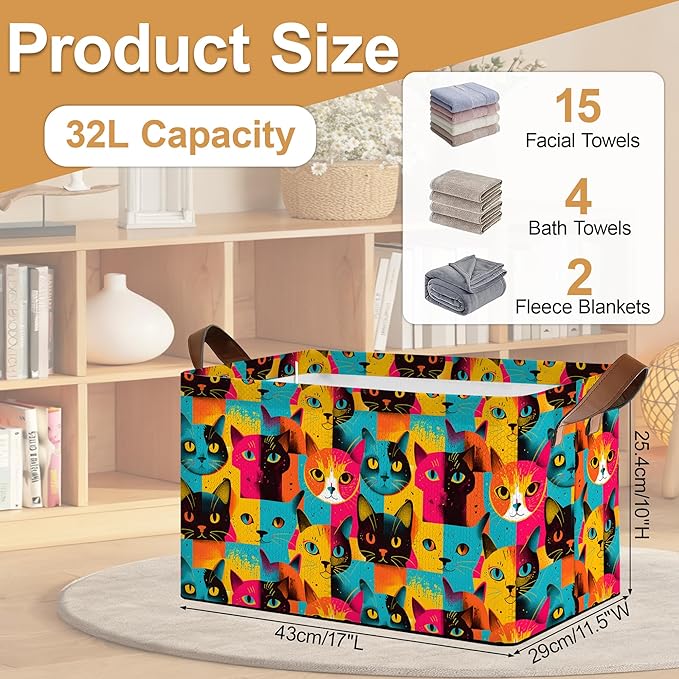 32L Large Storage Bins with Handles Cute Animal Basket Organizer for Shelves Closet Books Laundry &amp Home Decor (Abstract Cat)