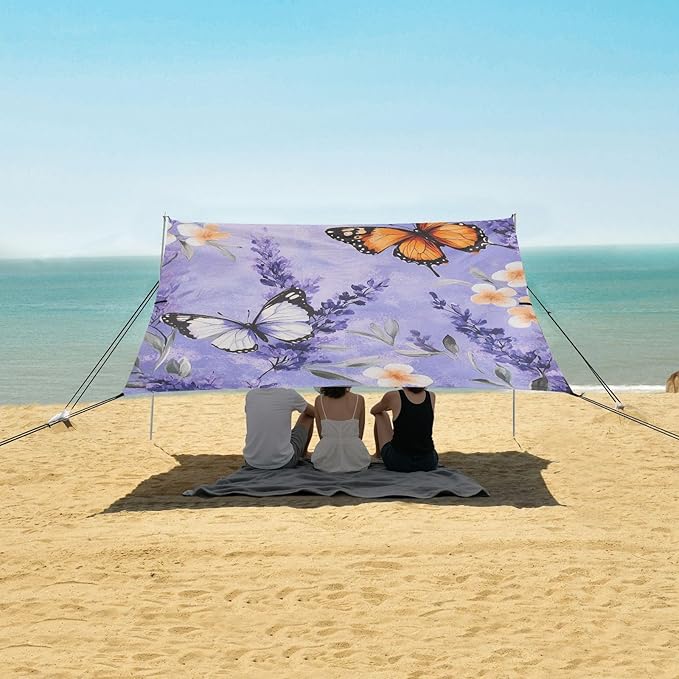 ALAZA Lavender Butterflies Spring Floral Beach Tent Sun Shelter Portable Canopy Sunshade for Outdoor Camping Picnics Backyard Fun 10x9 ft