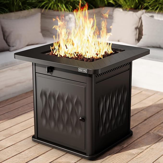 EAST OAK 28'' Propane Fire Pit Table 50000 BTU Steel Gas FirePit for Outdoor Outside Patio Deck and Garden CSA Certified Fire Table with Magnetic Lid Cover-Storage Basket and Lava Rock  Black