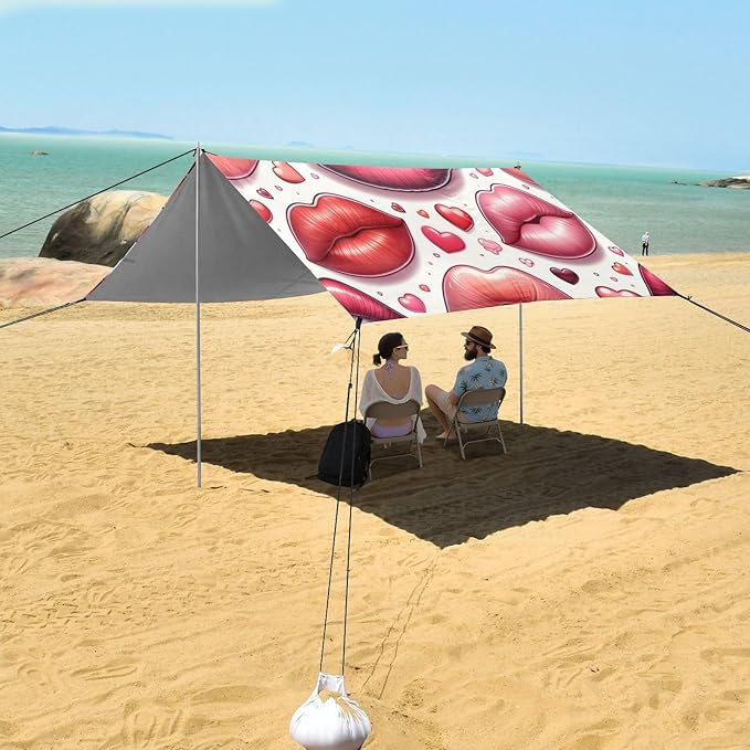 ALAZA Red Lips Heart Beach Tent Sun Shelter UPF50+ Protection Beach Shade Canopy w/ 4 Sandbags for Outdoor Camping Fishing Backyard Fun Picnic 10x9 ft