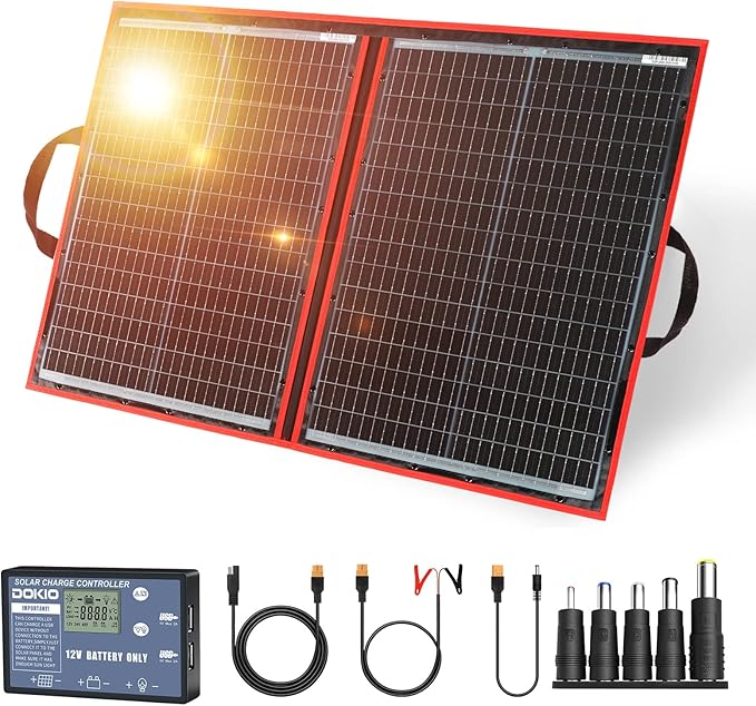 DOKIO 100W Portable Foldable Solar Panel Kit Compact 18.9x26in Design 5.3lb with Standalone Controller and USB Monocrystalline Charger for 12V Batteries Power Stations RV Camping Emergency Use