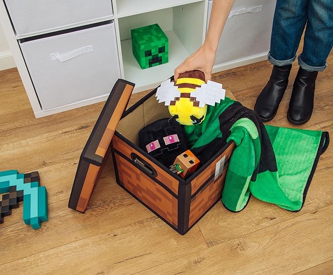 Minecraft Brown Chest 13-Inch Storage Bin Chest With Lid | Foldable Fabric Basket Container Cube Organizer With Handles Cubby For Shelves Closet | Home Decor Essentials Video Game Gifts