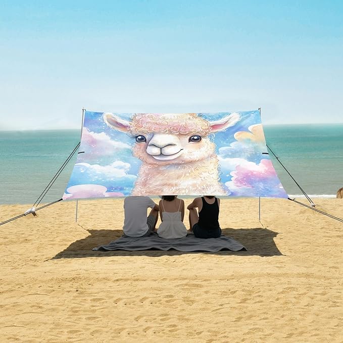 ALAZA Llama Cute Alpaca Watercolor Beach Tent Sun Shelter UPF50+ Protection Beach Shade Canopy w/ 4 Sandbags for Outdoor Camping Fishing Backyard Fun Picnic 10x9 ft