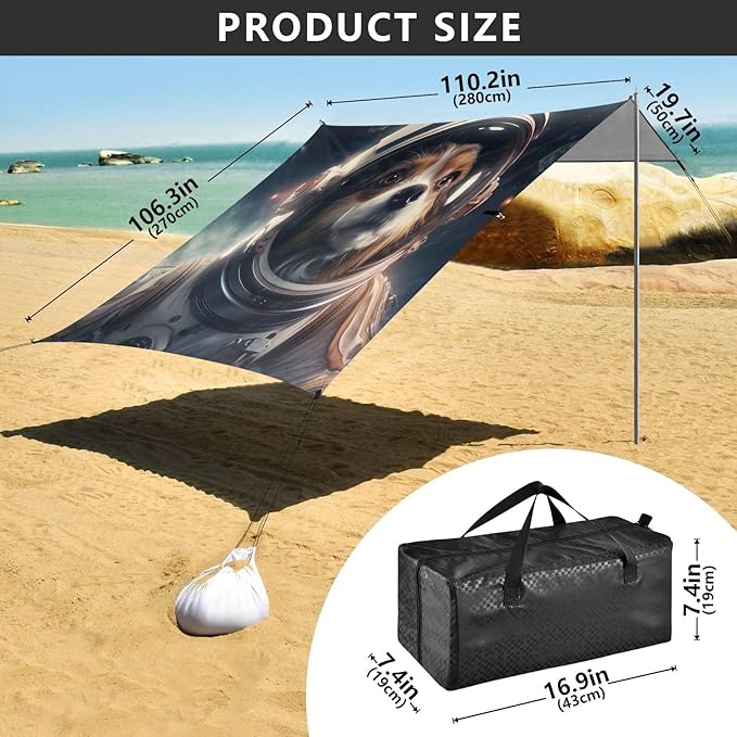 ALAZA Dog Puppy Astronaut Beach Tent Sun Shelter UPF50+ Protection Beach Shade Canopy w/ 4 Sandbags for Outdoor Camping Fishing Backyard Fun Picnic 10x9 ft