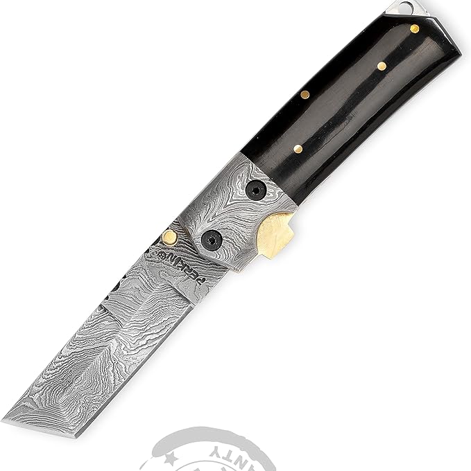 Perkin Custom Made Damascus Folding Knife Tanto Blade &amp Buffalo Horn Handle