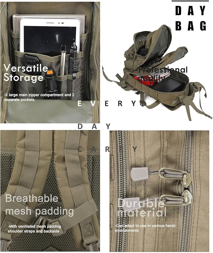 Miramrax Small Tactical Backpack Military Daypack - 30L Backpack for Men Molle Assault Pack Bug Out Bag for Hiking Camping Travel Army Hunting Rucksack Trekking (Green)