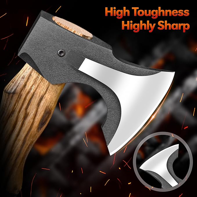 14” Hatchet Axe Camping Hatchet Hand Forged Axe with Sheath for Wood Chopping Splitting &amp Carving Bushcraft Axe with Ash Wood Handle for Outdoor &amp Survival