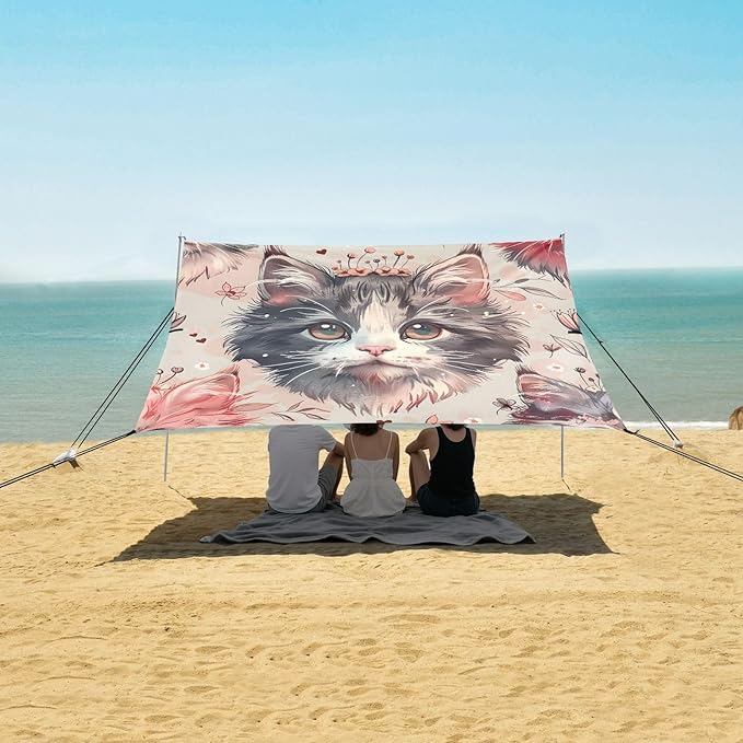 ALAZA Cute Cat Kitten Vintage Beach Tent Sun Shelter UPF50+ Protection Beach Shade Canopy w/ 4 Sandbags for Outdoor Camping Fishing Backyard Fun Picnic 10x9 ft
