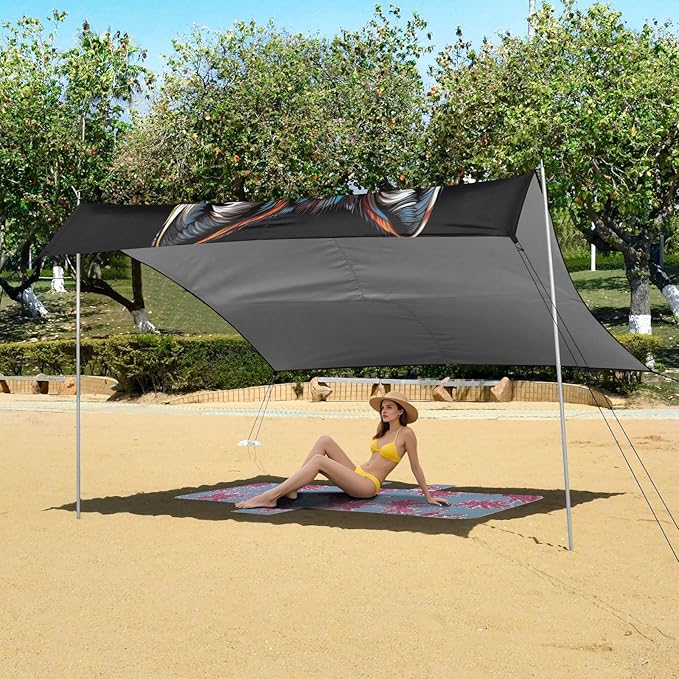 ALAZA Boho Wolf Indian Beach Tent Sun Shelter UPF50+ Protection Beach Shade Canopy w/ 4 Sandbags for Outdoor Camping Fishing Backyard Fun Picnic 10x9 ft