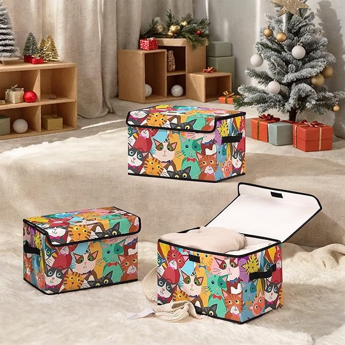 Stackable Clothes Storage Bins with LidsCloset Organizers Fabric Cat Printing Box for Home and OfficeBlanket Clothes OrganizersUnder Bed Storage Containers 3 Pack.