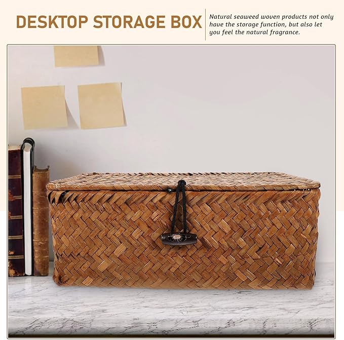 Rattan Basket with Lid Seagrass Baskets with Lid Flat Rattan Storage Bins with Button for Shelf Closet Bedroom