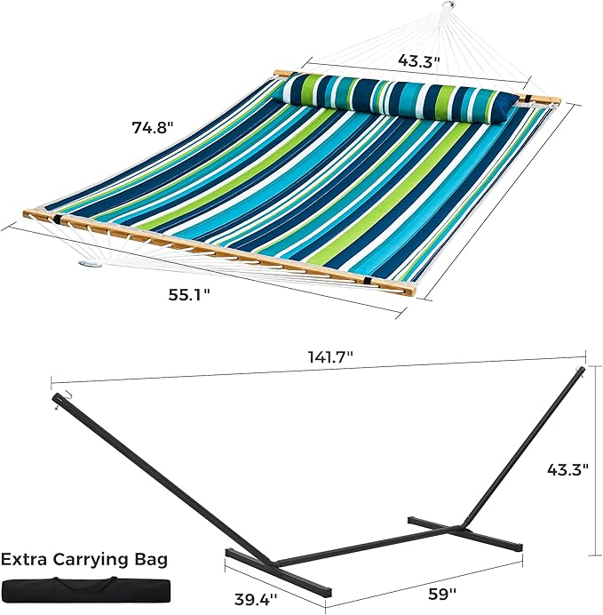 SUPERJARE Hammock with Stand 2 Person Quilted Outdoor Hammock Detachable Pillow &amp Bamboo Spreaders Portable Hammock with Carrying Bag Heavy Duty Stand Perfect for Outside Patio Dark Cyan