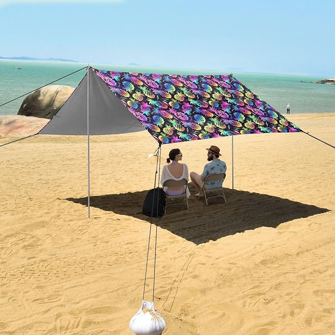 ALAZA Rainbow Color Pineapple Beach Tent Sun Shelter UPF50+ Protection Beach Shade Canopy w/ 4 Sandbags for Outdoor Camping Fishing Backyard Fun Picnic 10x9 ft