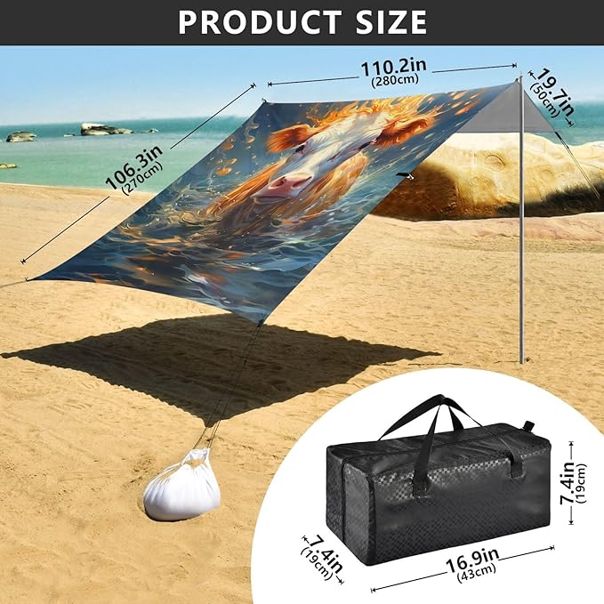 ALAZA Cow Fire and Water Beach Tent Sun Shelter Portable Canopy Sunshade for Outdoor Camping Picnics Backyard Fun 10x9 ft