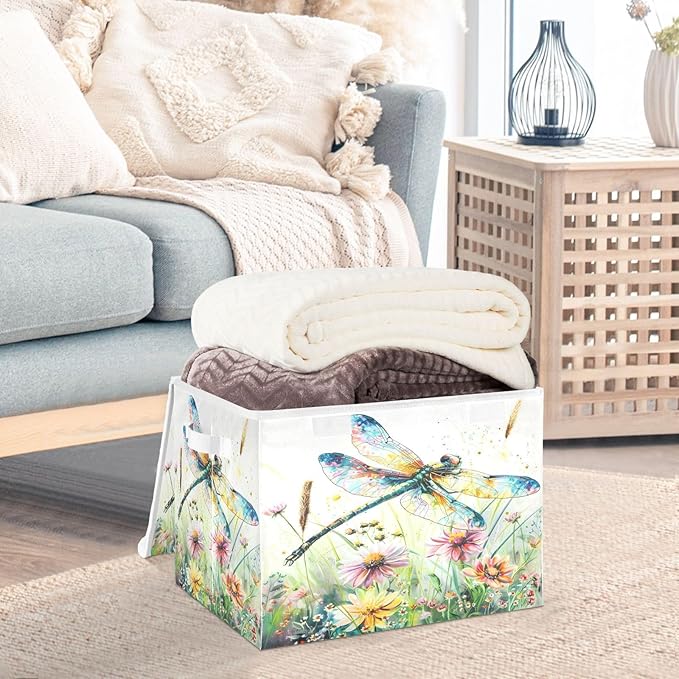 senya Baskets Collapsible Storage Bins with Lids Dragonfly Wildflowers Painting Storage Boxes Clothes Baskets for Organizing B06D22020