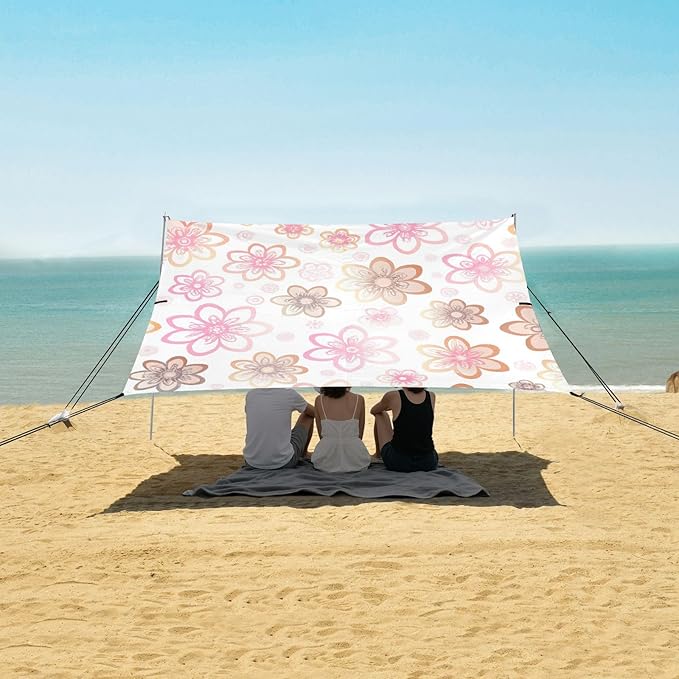 Cute Sakura Flowers Beach Tent Sun Shelter Set UPF50+ UV Protection 10.5 x 9.19 FT Camping Shade Canopy with Sandbags Sand Anchors Carrying Bag and Others