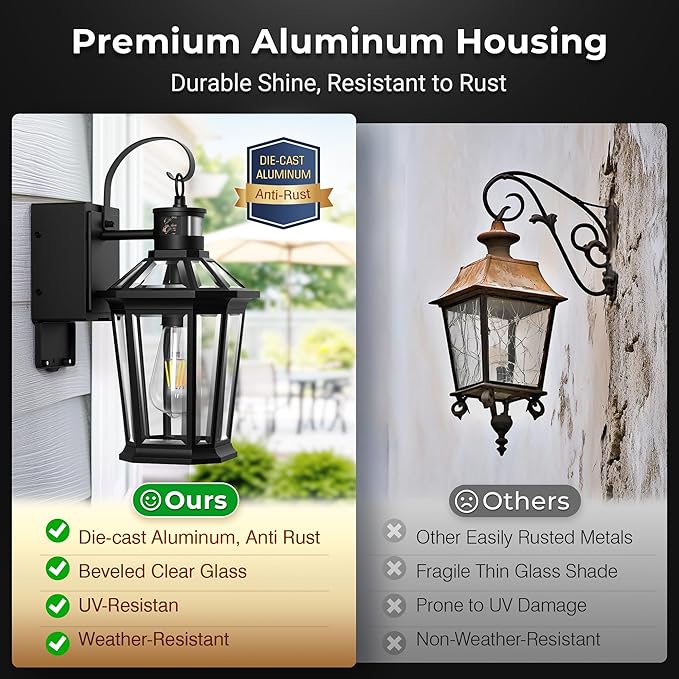 Gleamz Porch Lights Outdoor with GFCI Outlet Black Motion Sensor Light Wall Mount 100% Aluminum Anti-Rust Waterproof Outside Light Fixture for House Patio Garage Adjustable Distance Time 5 Modes
