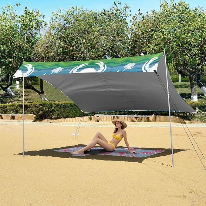 xigua Crabs Beach Tent Sun Shelter with Carrying Bag - Silver Coated Oxford Fabric Beach Canopy for Beach Camping Fishing - Includes Windproof Ropes Sandbags &amp Stakes