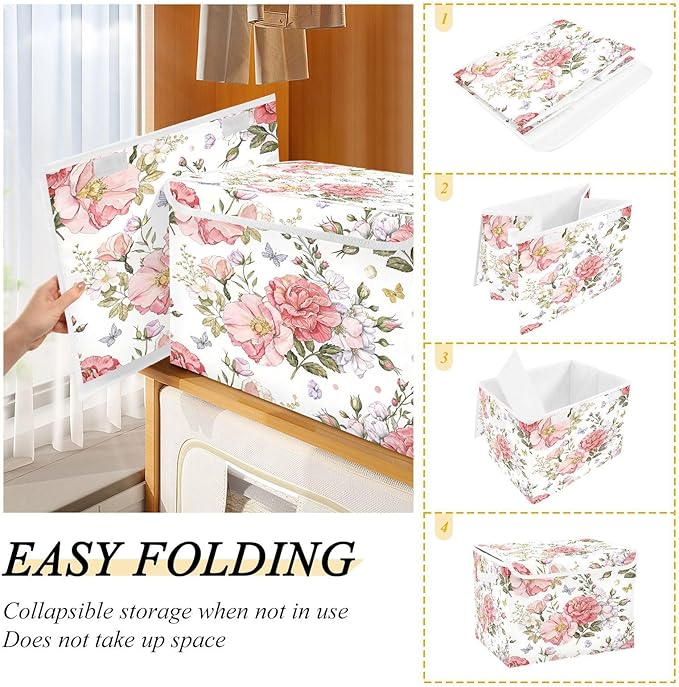 Flower Storage Bins with Lids Decorative Fabric Storage Boxes with Handles Closet Organizer Foldable Christmas Basket Baby Basket for Nursery Bedroom Office
