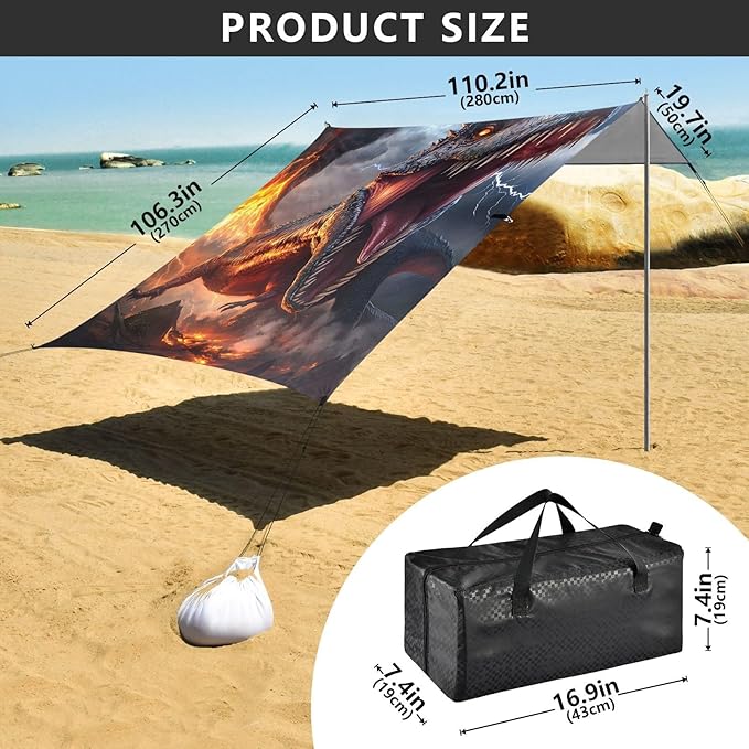 ALAZA Dinosaur Lightning Volcano Beach Tent Sun Shelter Portable Canopy Sunshade for Outdoor Camping Picnics Backyard Fun 10x9 ft