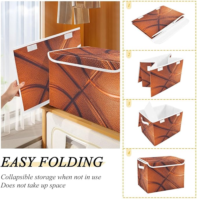 Basketball Lidded Home Storage Bins Closet Storage Bins Foldable Oxford Fabric Storage Box for Home Bedroom Closet Office (16.5x12.6x11.8 in)
