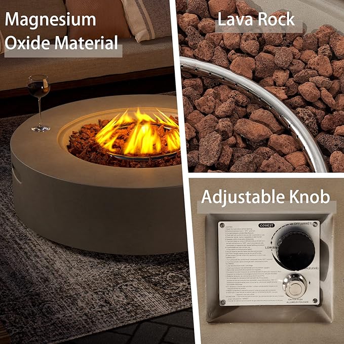 SUNBURY Outdoor 42 Inch Propane Fire Pit Table Circular Gray Patio Fire Table 50000 BTU w 20 lbs Tank Cover Waterproof Cover Free Lava Rocks