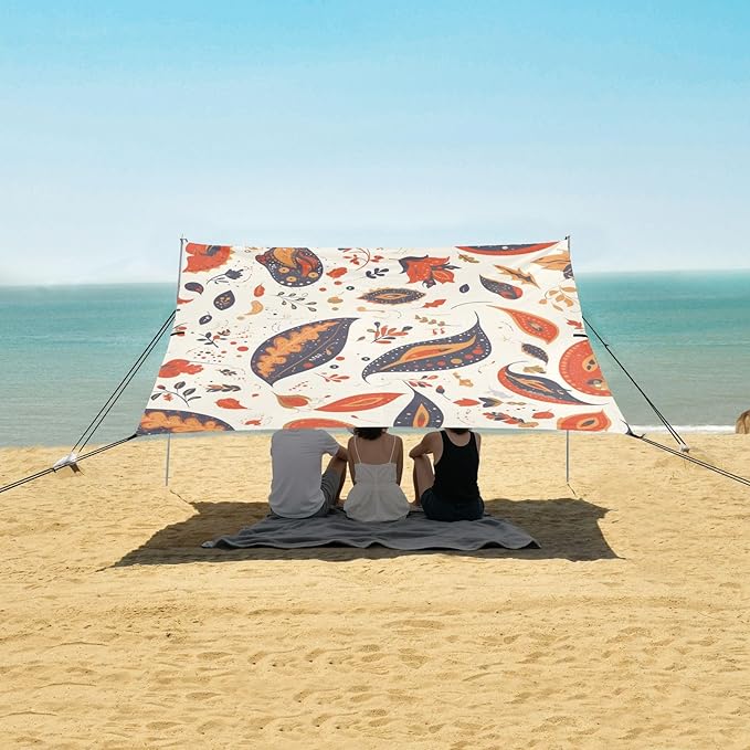 Colorful Paisley Pattern Beach Cabana Tent UPF50+ Protection Easy Setup Sun Shelter with Sandbags &amp Sand Shovel for Family Trips Picnics &amp Camping