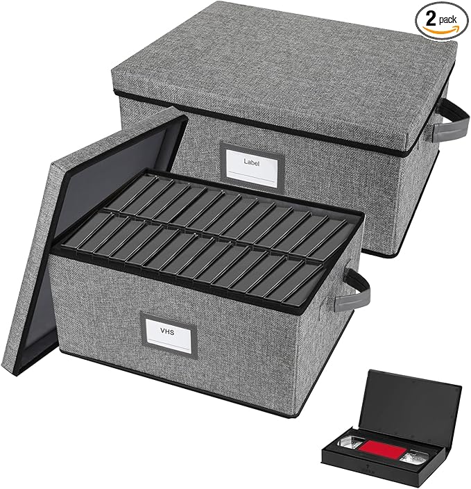 Lukeline VHS Storage Box with Lid Large Capacity VHS Storage Case Holds 50 Tapes Stackable VHS Holder Storage Containers for Living Room Bedroom Study Room2-Pack