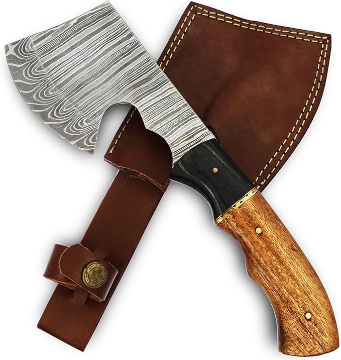 Armory Replicas™ Velocity in Target Throwing Axe - Full Tang Tomahawk with Damascus Steel Blade Cherry &amp Ash Wood Handle 9.5 Inches Overall Length Includes Genuine Leather Sheath