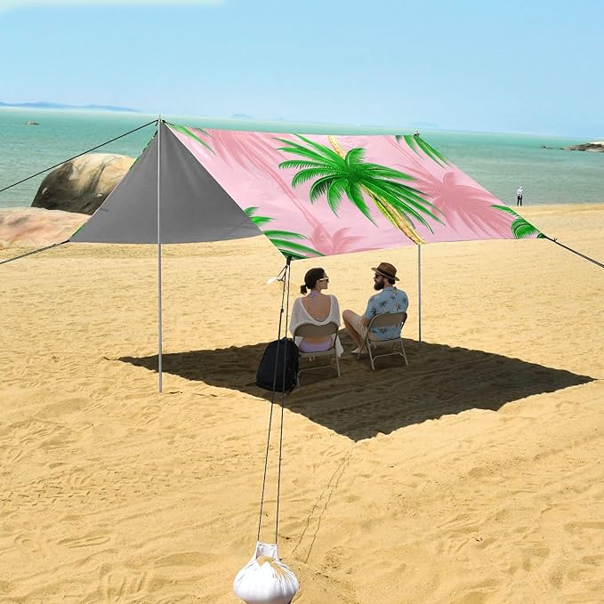 Beach Canopy with Windproof Ropes &amp Sandbags Beach Tent Sun Shade Sun Shelter for Camping Trips Fishing Backyard Fun or Picnics Palm Tree