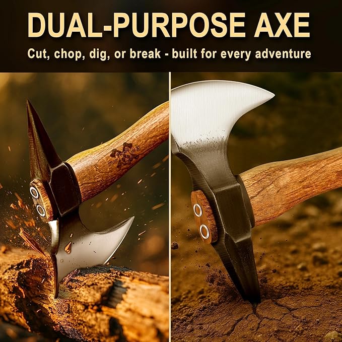 Grumpy Bear 11 Survival Axe Camping Hatchet – Forged High Carbon Steel Blade with Walnut Wood Handle – Shock-Absorbing Anti-Slip Grip – Ideal for Bushcraft Wood Splitting &amp Outdoor Adventures