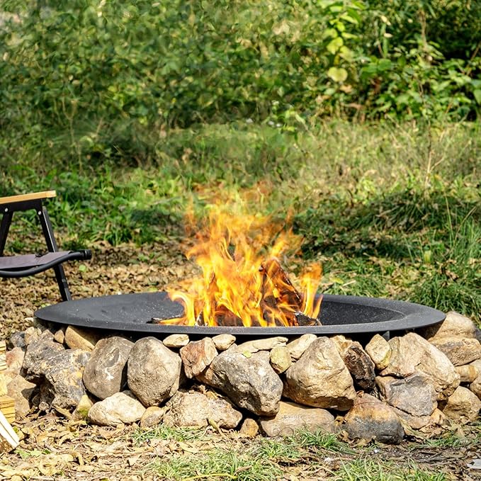 OutVue 35 inch Steel Fire Bowl for DIY or Replacement Existing Fire Pits Wood Burning Fire Pit Bowl with Spark Screen &ampFire Poker Fireplace for Backyard Porch Deck Camping BBQ (Circle Dot)
