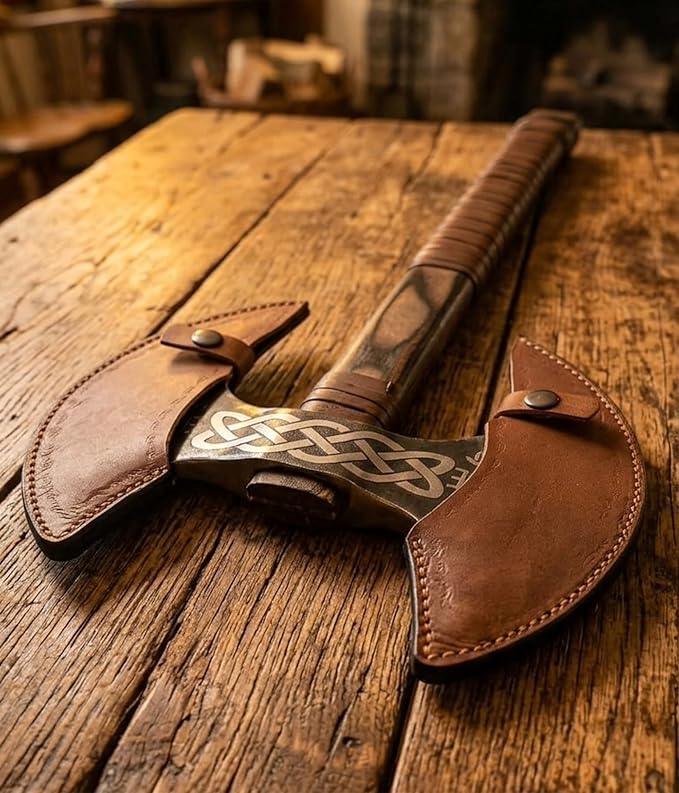 FORGE HIDE - Double Headed Viking Axe 27 High Carbon Steel Norse Dane Axe with Ash Wood Straight Shaft Scandinavian Nordic Axe Leather Scabbard Gift for Men
