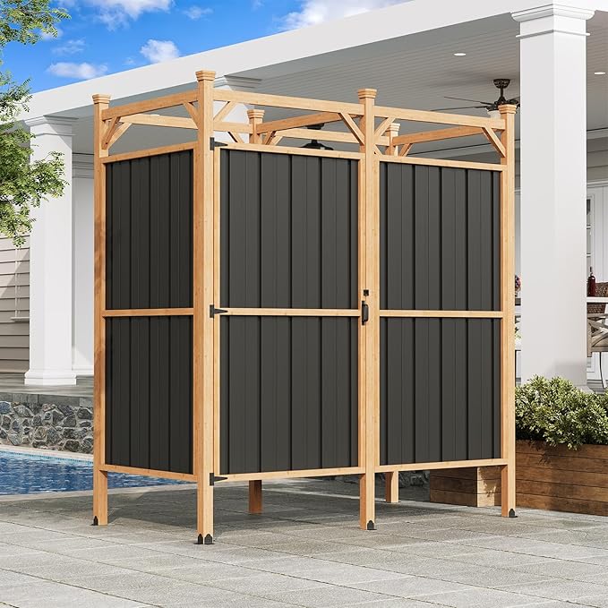 EROMMY Outdoor Shower Enclosure with Lockable Door Weatherproof Outdoor Shower Stall with Metal Panels Hooks &amp Shelves - Perfect for Pool Wash Station Backyard &amp Beach Rinse Area Large Vers
