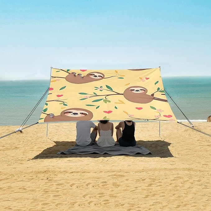 ALAZA Sloth Branch Love Pattern Beach Tent Sun Shelter Portable Canopy Sunshade for Outdoor Camping Picnics Backyard Fun 10x9 ft