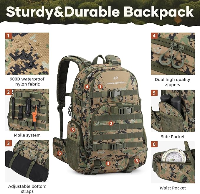 Maelstrom Hunting Backpack for Men Women Waterproof Hunting Pack with Rain Cover Long-Lasting 35L Camo Tactical Day Pack for Rifle Bow Gun