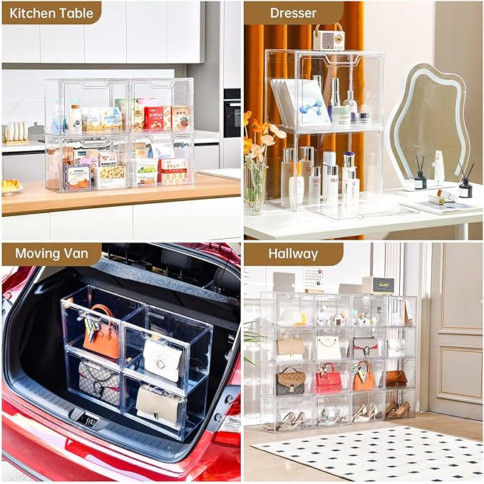 3 Pack Clear Storage Bins with Lids Storage Containers with Magnetic Door Stackable Acrylic Display Case for Handbags Cosmetic Multifunctional Storage Boxes for Dorm Living Room Bedroom Storage