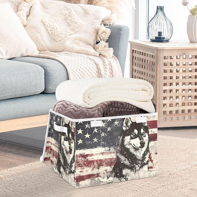 Storage Cube with Lid Husky American Print 16.5×12.6×11.8 IN Collapsible Large Capacity Foldable Storage Basket Bin Organizer