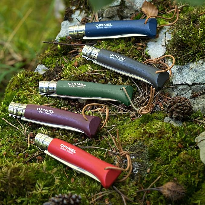 Opinel Colorama Series No. 8 - Stainless Steel Everyday Carry Folding Pocket Knife with Leather Strap Painted Hornbeam Handles